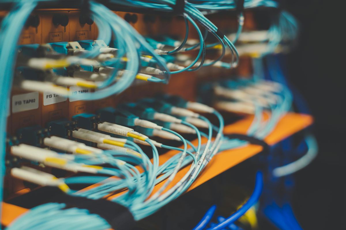 Close-up of light blue fibre-optic patch cables plugged into orange ports on a data-centre panel.